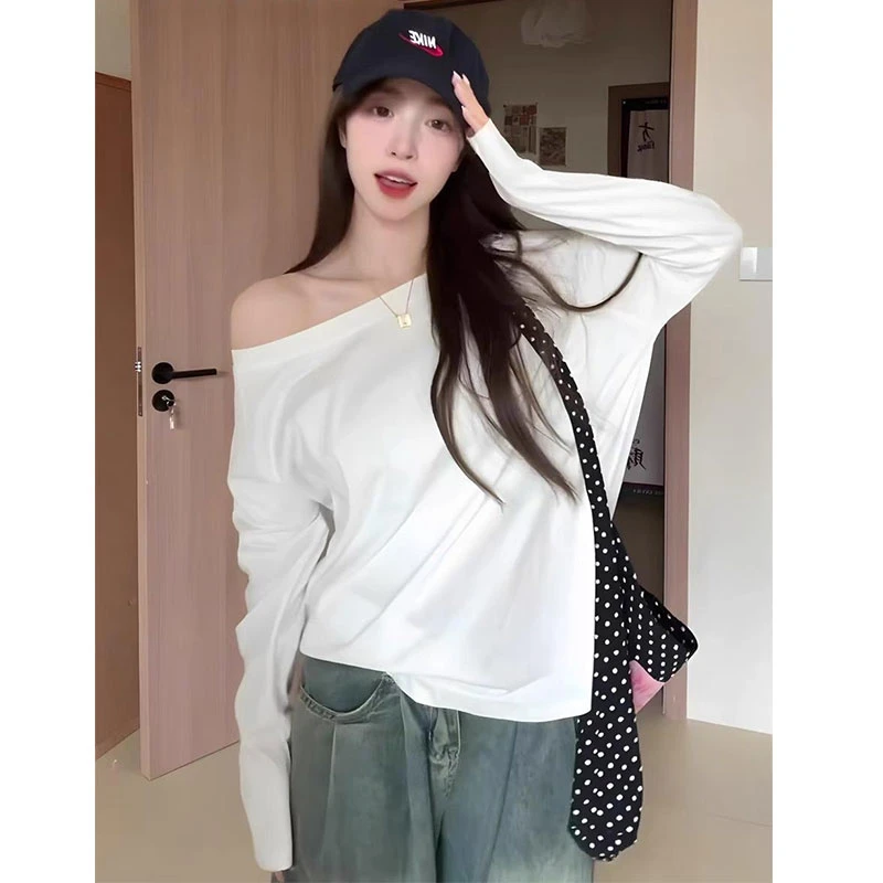 一字领露肩长袖T恤女春夏季新款百搭宽松显瘦斜肩薄款辣妹上衣