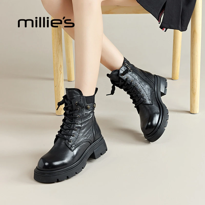 妙丽真皮厚底马丁靴女2024新款冬季英伦黑色机车短靴加绒保暖皮靴