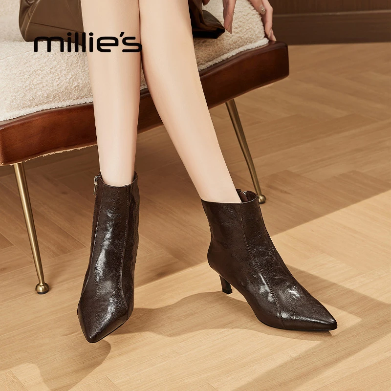 妙丽真皮细跟马丁靴女2024新款冬季加绒保暖短靴尖头高跟切尔西靴