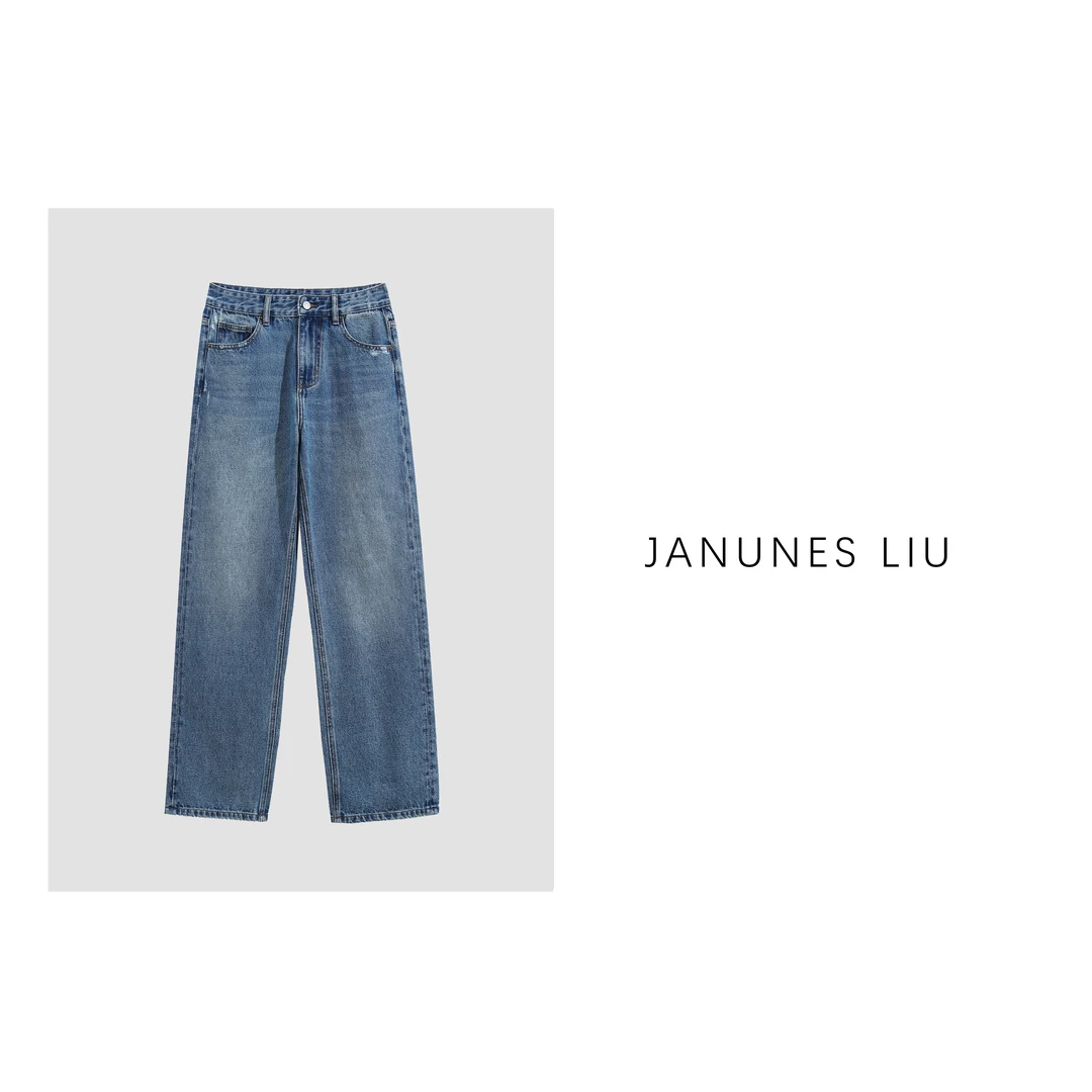 [Janunes Liu]“罗马假日”洗水磨破直筒牛仔裤RNZ38322