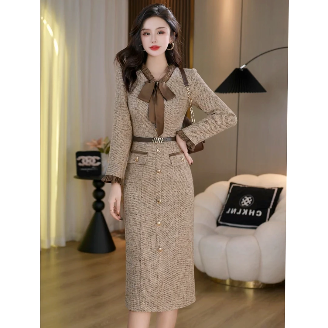 秋冬名媛千金小香风轻奢修身显瘦长款连衣裙 C5677