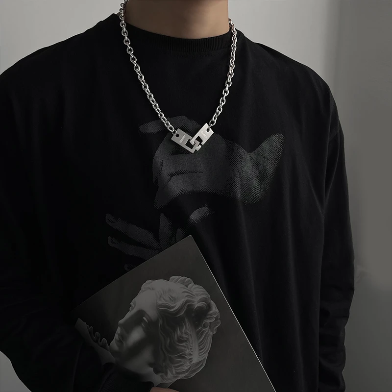 钛钢项链 设计感方牌项链男女ins潮个性嘻哈锁骨链配饰拼接冷淡风