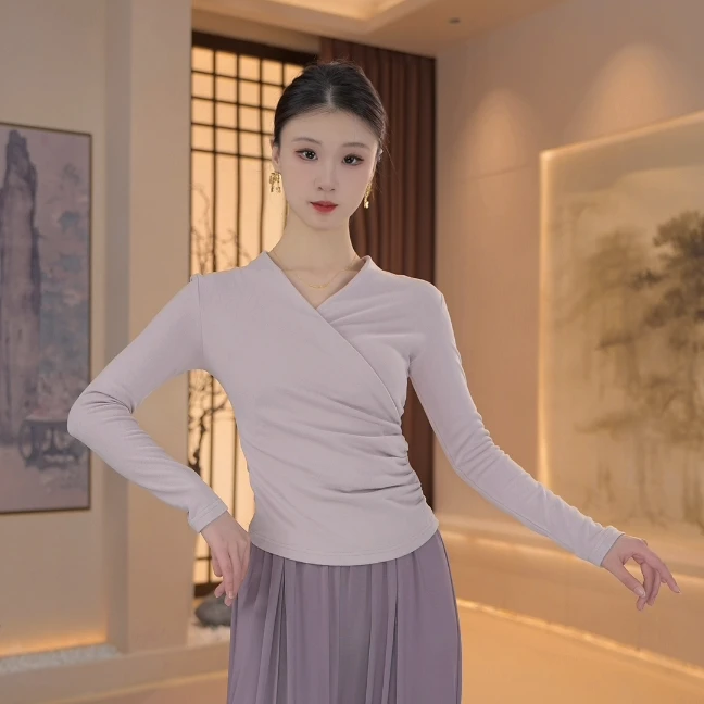 028【清仓】德绒交叉气质舞蹈服显瘦可外穿中国舞长袖新款秋冬保暖