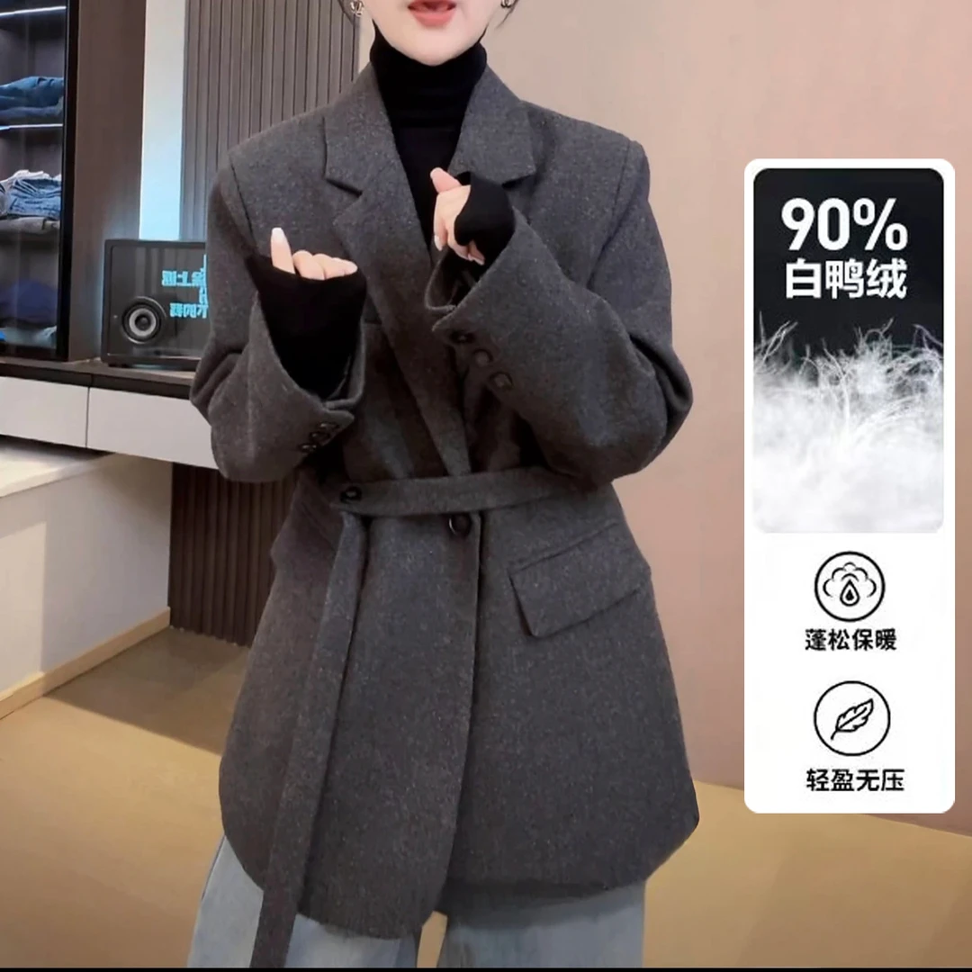 【纽约假日】冬季新款时尚百搭毛呢外套修身加厚休闲中长款羽绒西装