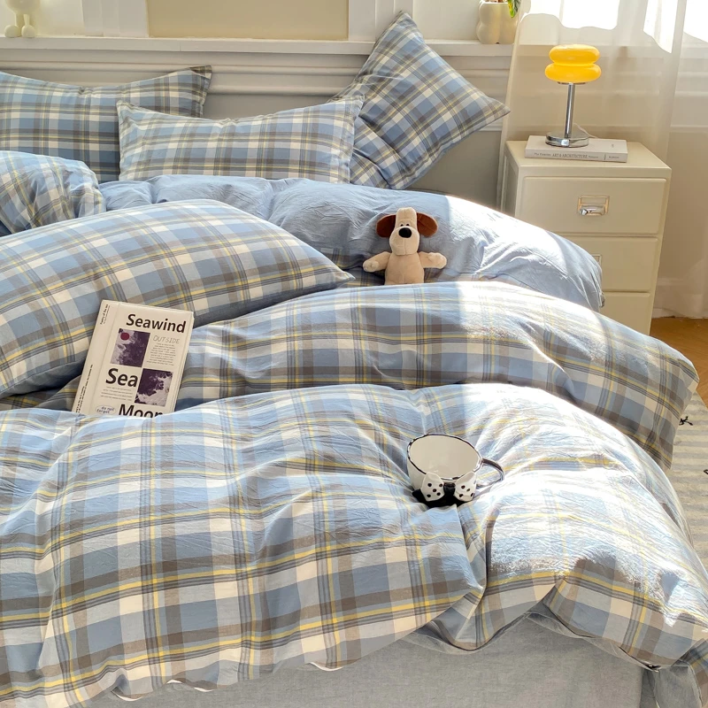 %100全棉色织水洗棉床品套件简约格子单人学生宿舍加厚A类母婴级·