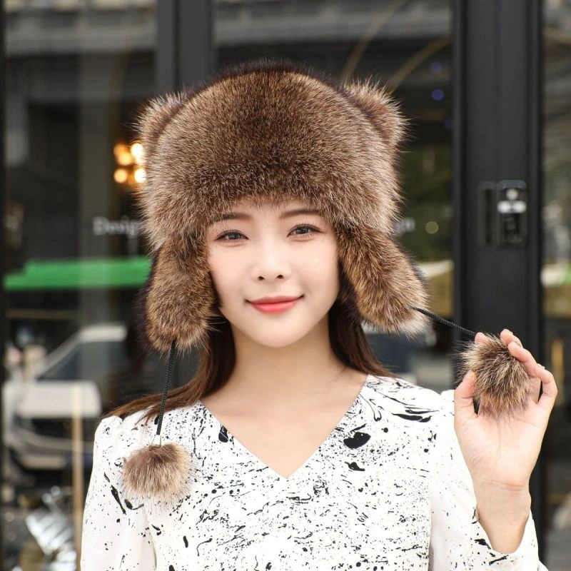 小浣熊尾巴帽子女士网红冬天美洲貉护耳进口整皮帽小浣熊霸王帽