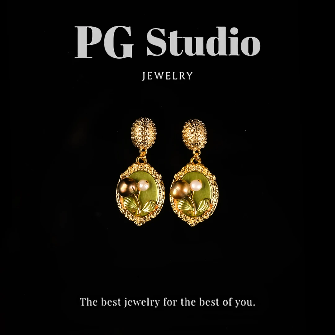 铜合金仿珍珠耳饰 PG788小清新绿色油画感设计耳钉优雅镶嵌气质