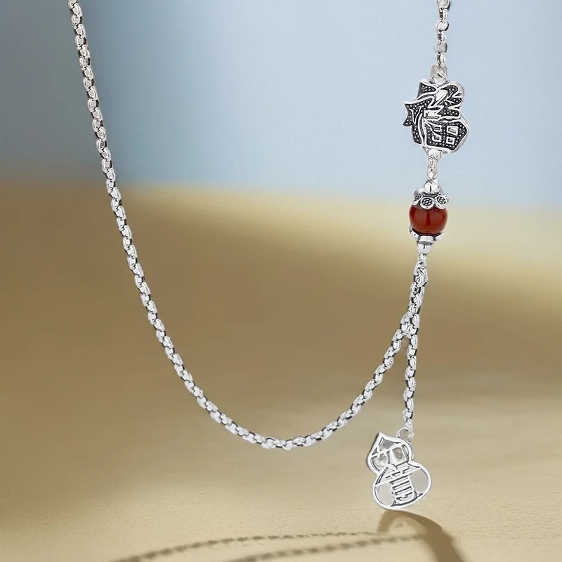 链子925银 s925纯银福字葫芦链50+5长民族风复古古风白搭款