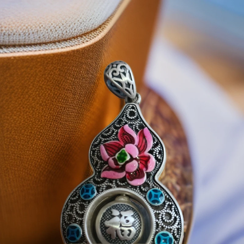 吊坠足银珐琅 足银的的珐琅彩福字可旋转葫芦大气白搭复古民族风