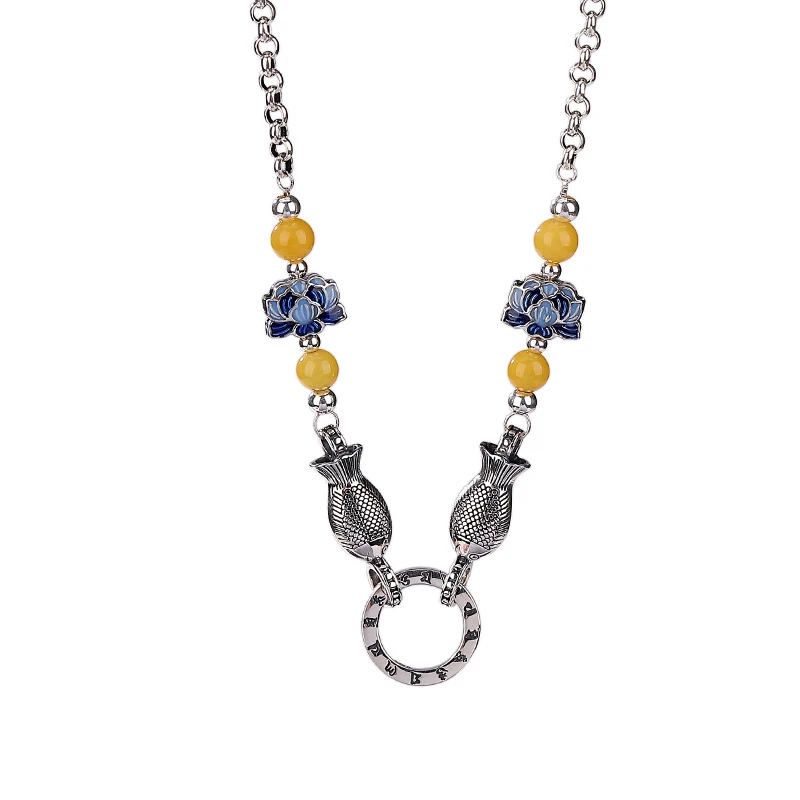 链子925银珐琅 s925纯银双鱼莲花万能链毛衣链款复古时尚个性长款