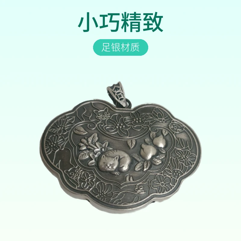 吊坠足银 足银999小猫咪锁复古款白搭女士吊坠精致素款双面银制品