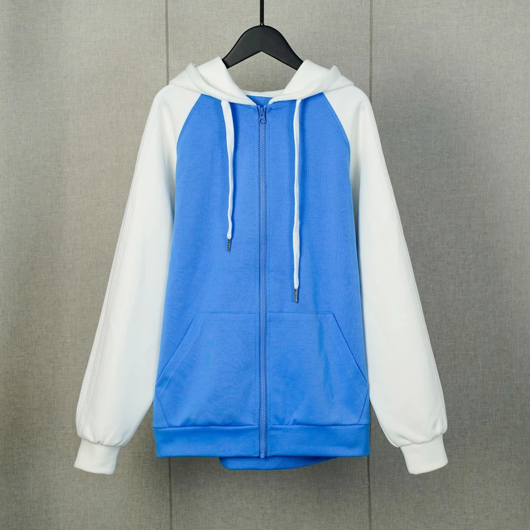 拉链 双色拼接蓝色帽衫