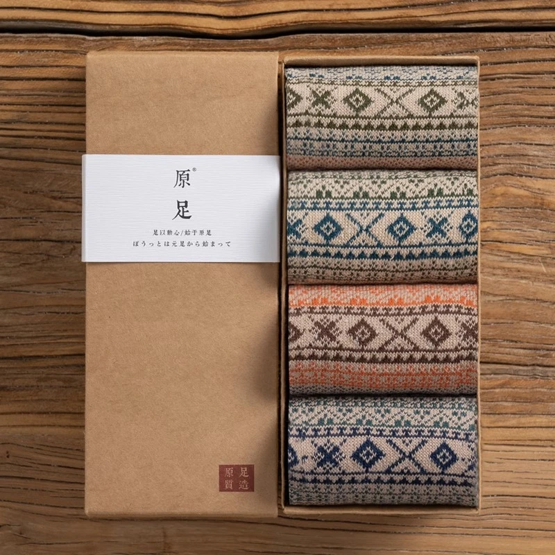 复古袜子男长袜秋冬纯棉保暖加厚男士民族风图腾中筒袜ins潮冬季