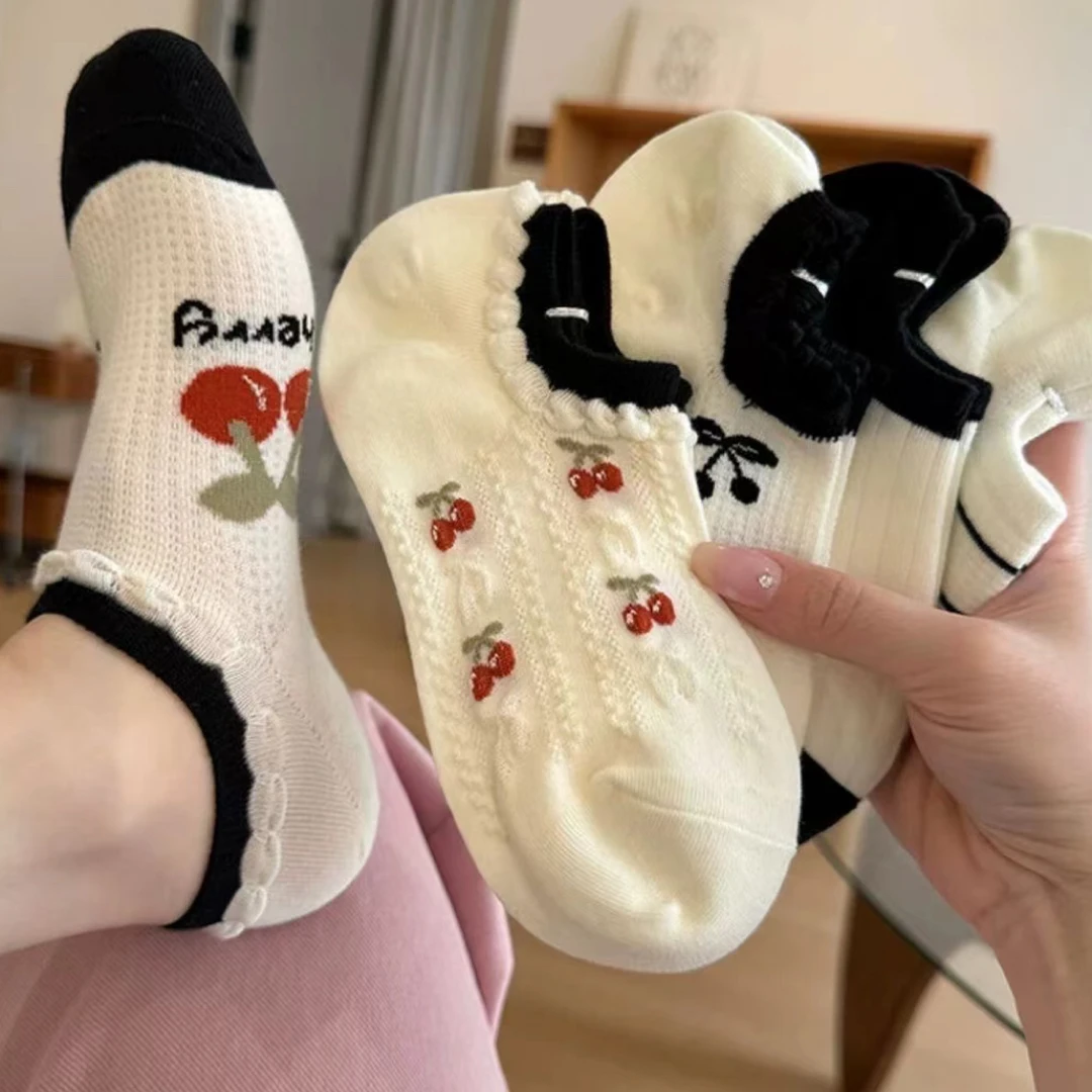 樱桃船袜ins透气薄款女袜浅口韩版短袜夏季袜子短筒白色百搭春夏