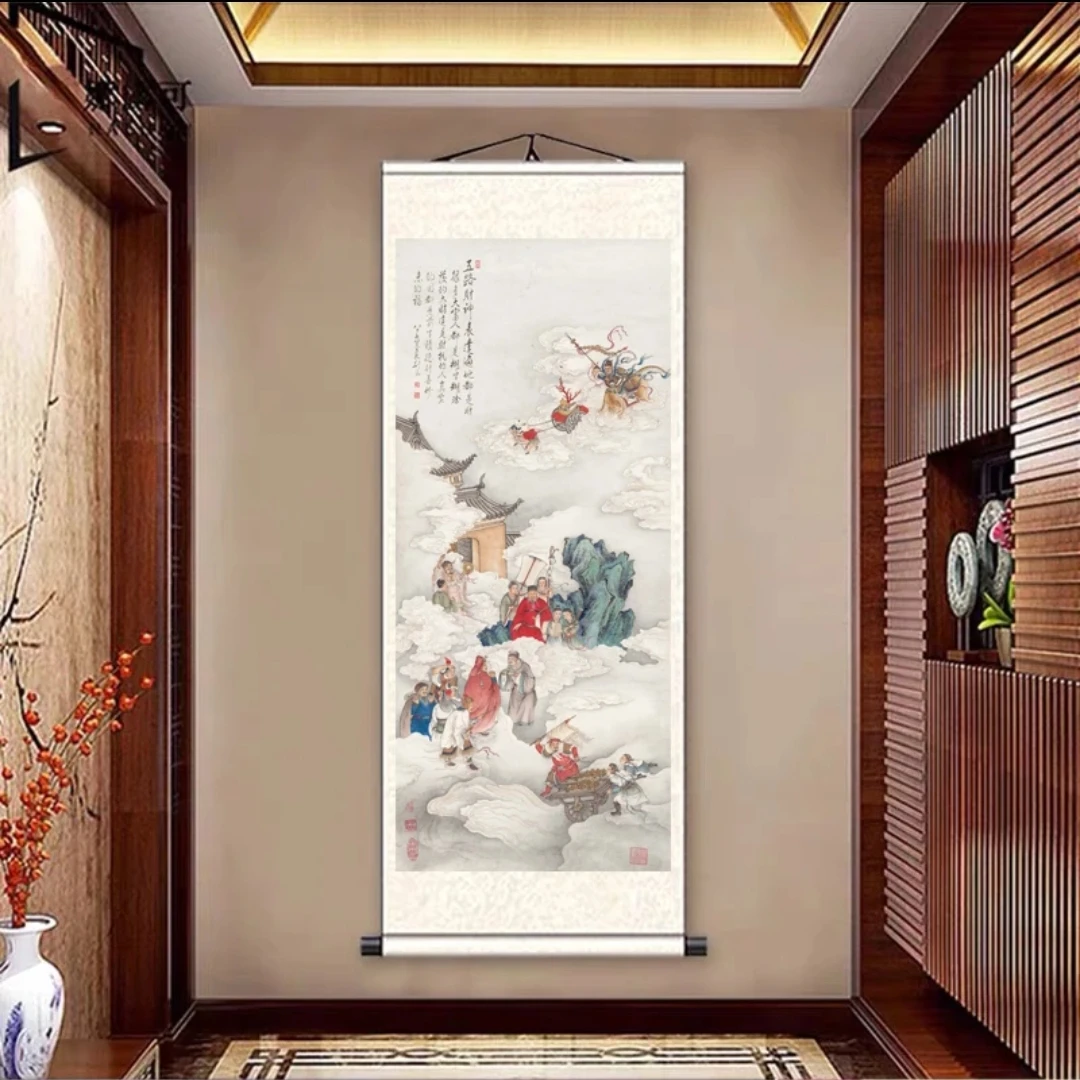D8《五路财神》四尺竖副山水国画玄关画办公室挂画高档新中式