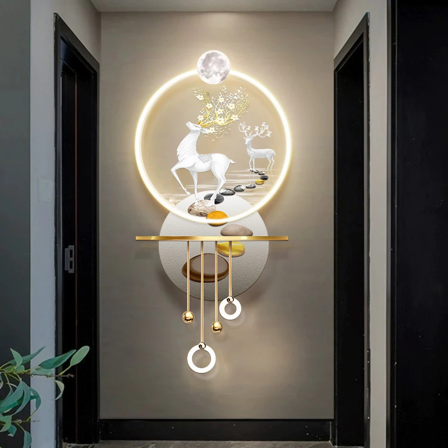 玄关装饰画客厅入户挂画中式墙面发光挂件墙上壁挂背景装饰挂钟画