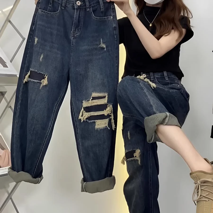 2025秋季高腰宽松假破洞梨型身材女时尚休闲水洗复古百搭老爹裤