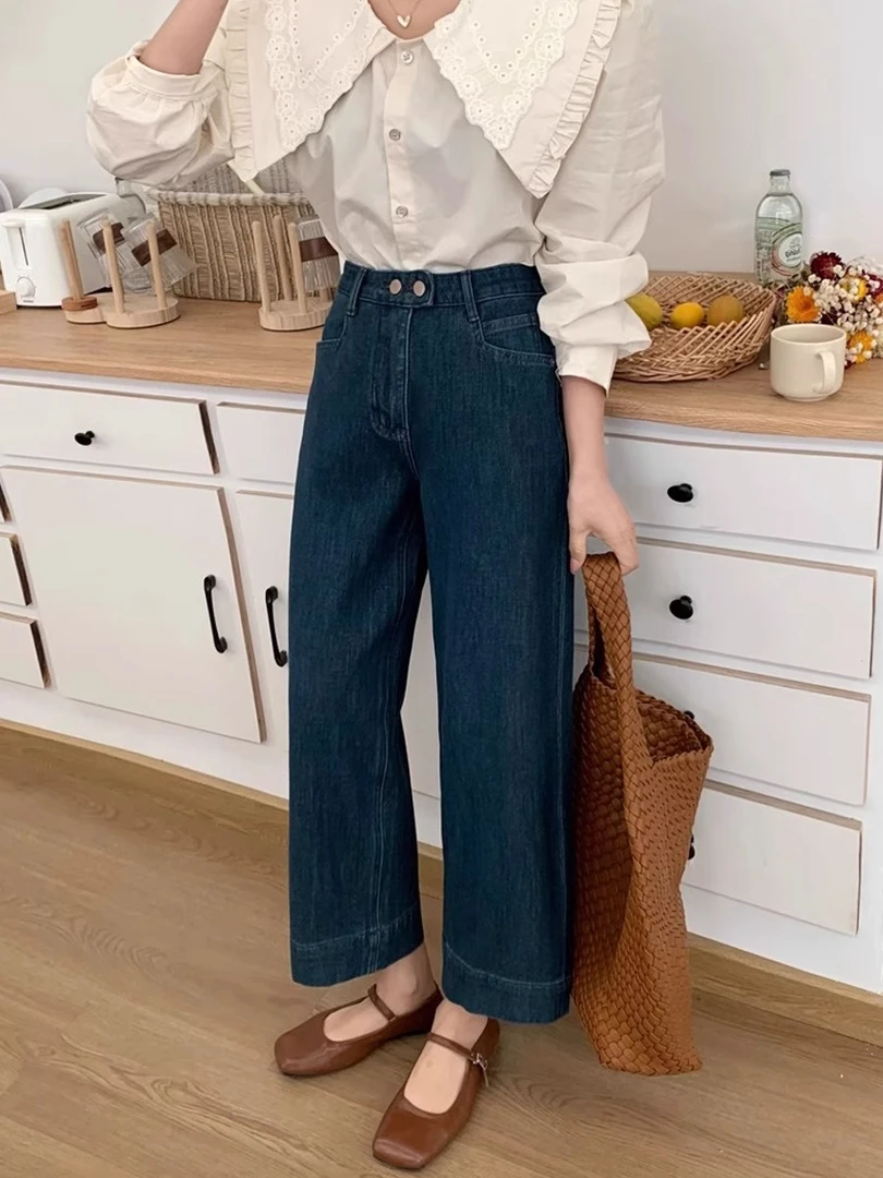 2025秋季修身大码女装百搭直筒九分牛仔裤胖妹妹显瘦设计感阔腿裤