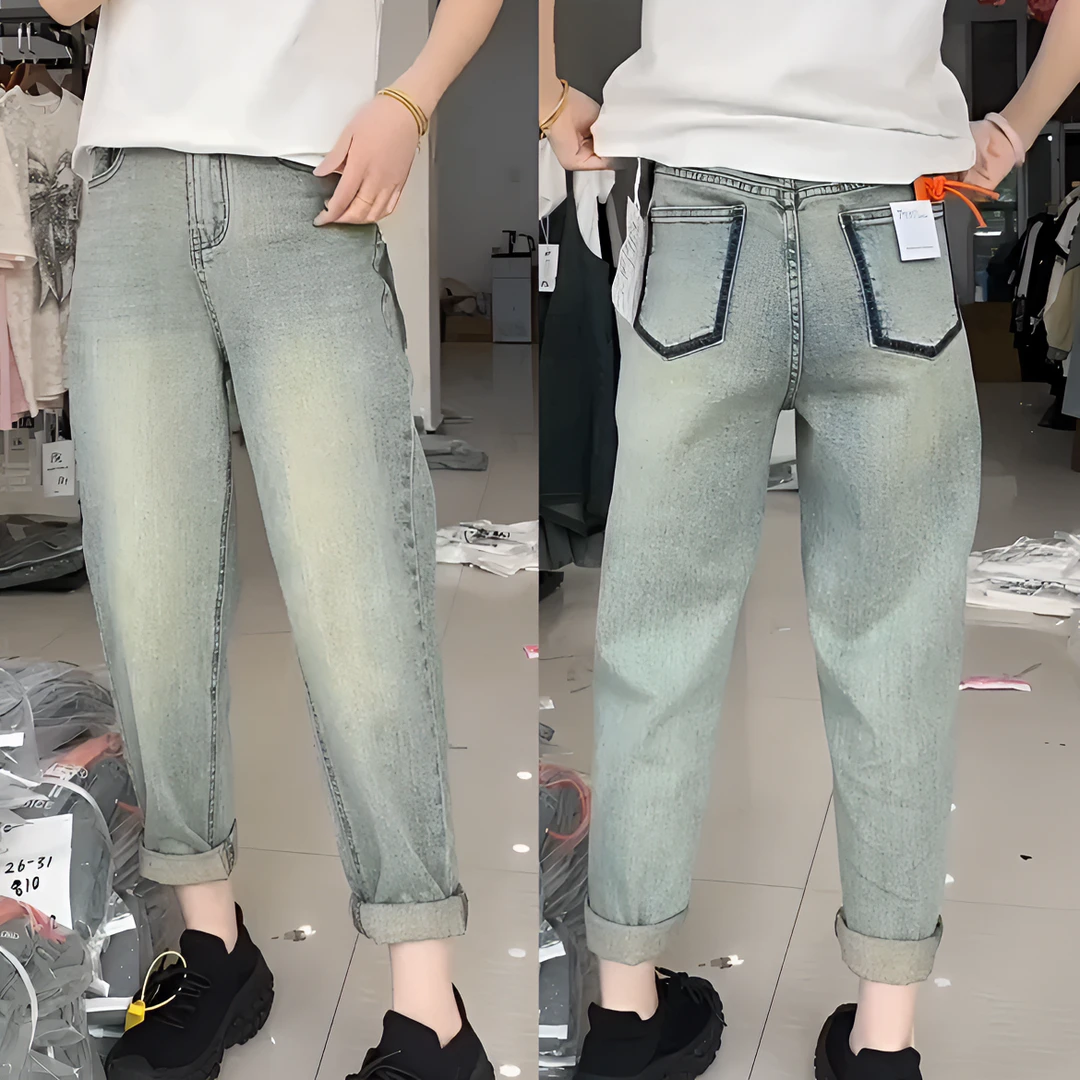 2025夏季新款显瘦高腰弹力大码哈伦牛仔裤女胖mm遮肉九分裤老爹裤