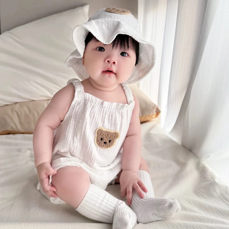 新生婴儿吊带哈衣薄款爬服宝宝夏季衣服包屁衣纱布纯棉无袖连体衣