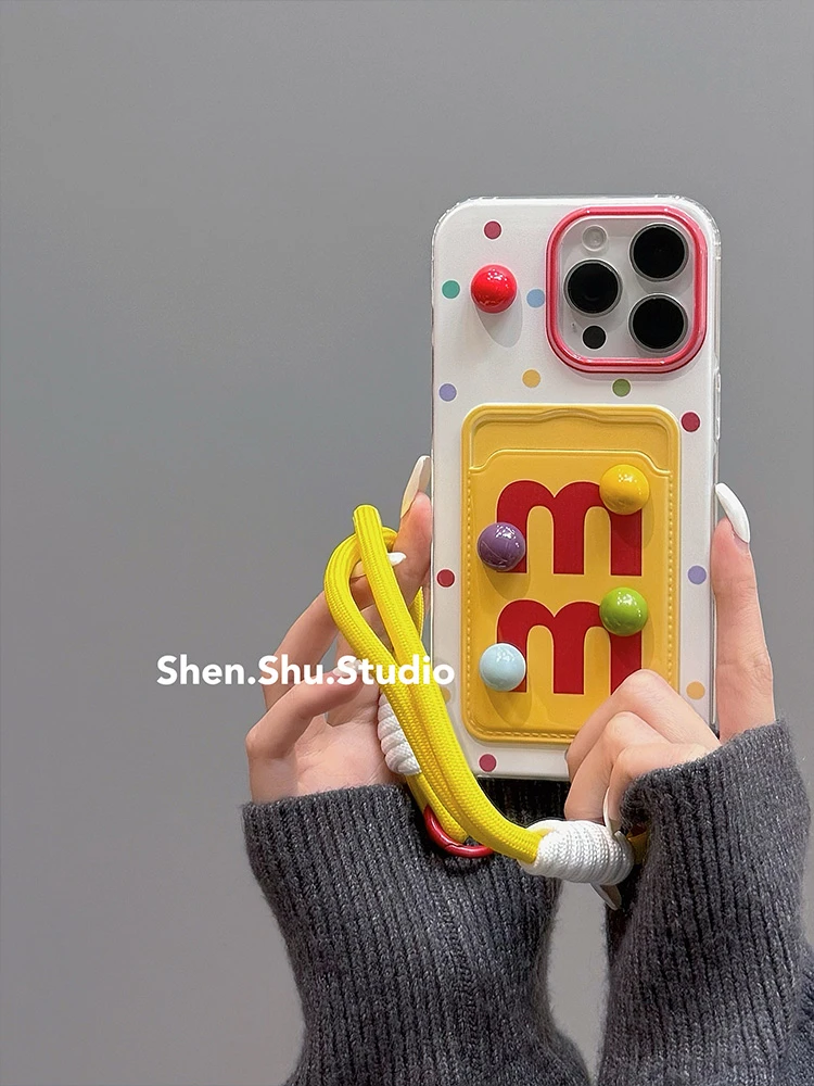 可爱立体M豆波点卡包适用iphone15promax手机壳苹果14新款13软壳