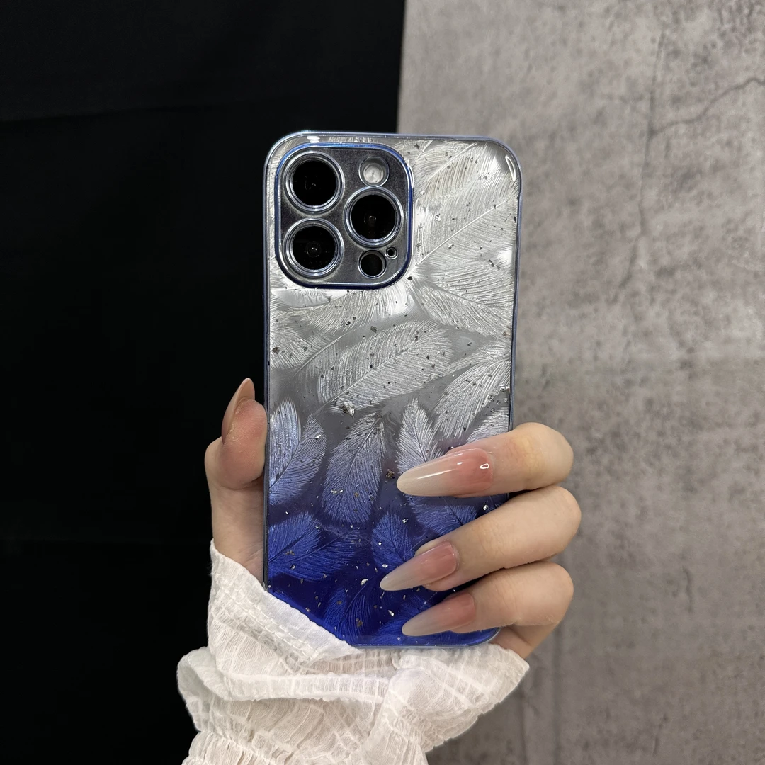 羽毛适用苹果15手机壳iPhone14promax新款渐变13滴胶羽纱12女款11