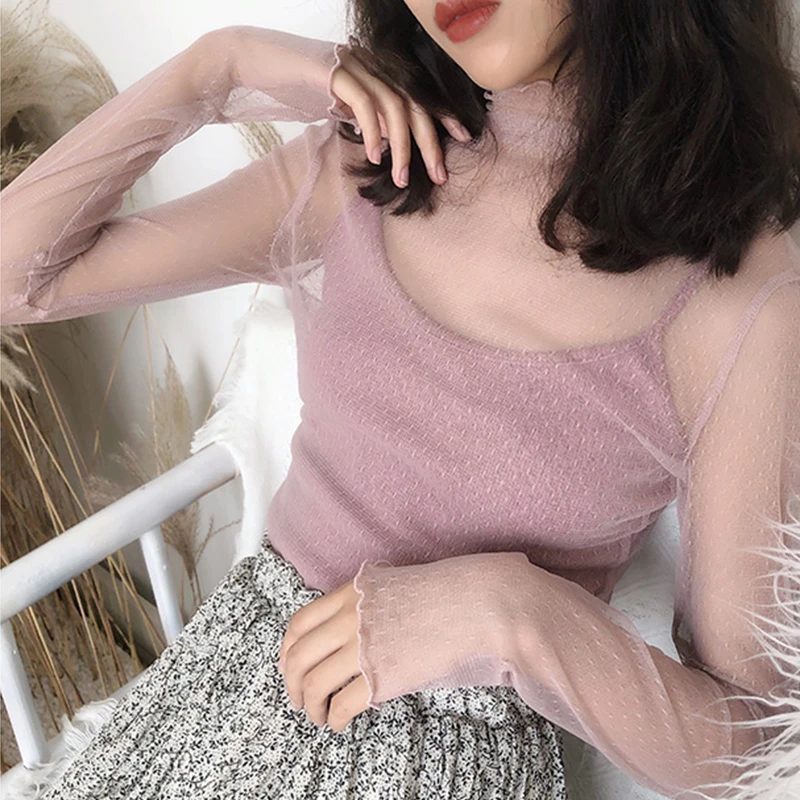 秋季新款很仙的圆点网纱打底衫女长袖百搭蕾丝透视内搭薄纱上衣潮