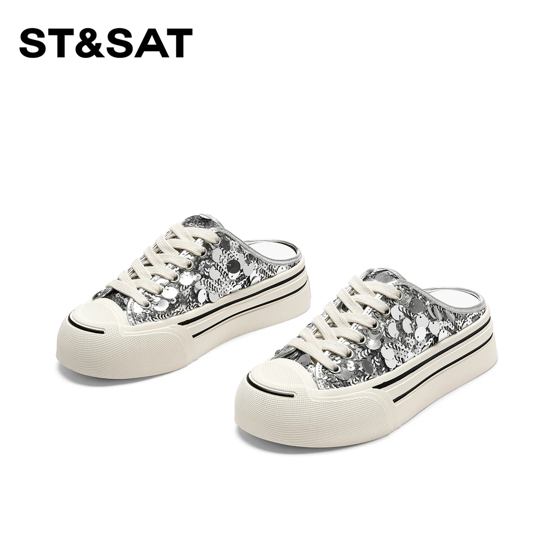 星期六亮片包头拖鞋女厚底新款休闲百搭透气系带半托懒人增高鞋子