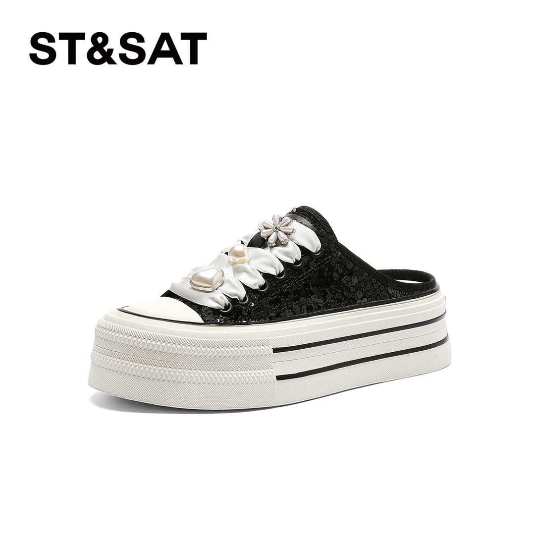 星期六包头半拖鞋女外穿2025秋新款爆款亮片时尚休闲鞋一脚蹬板鞋