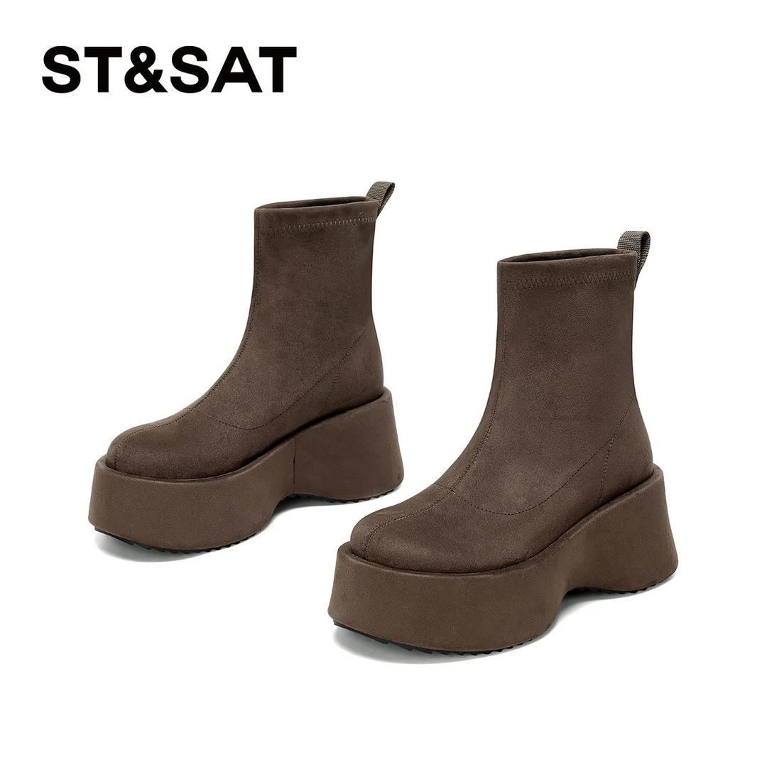 星期六爆款瘦瘦靴女2025新款秋冬季坡跟松糕短靴小个子增高马丁靴