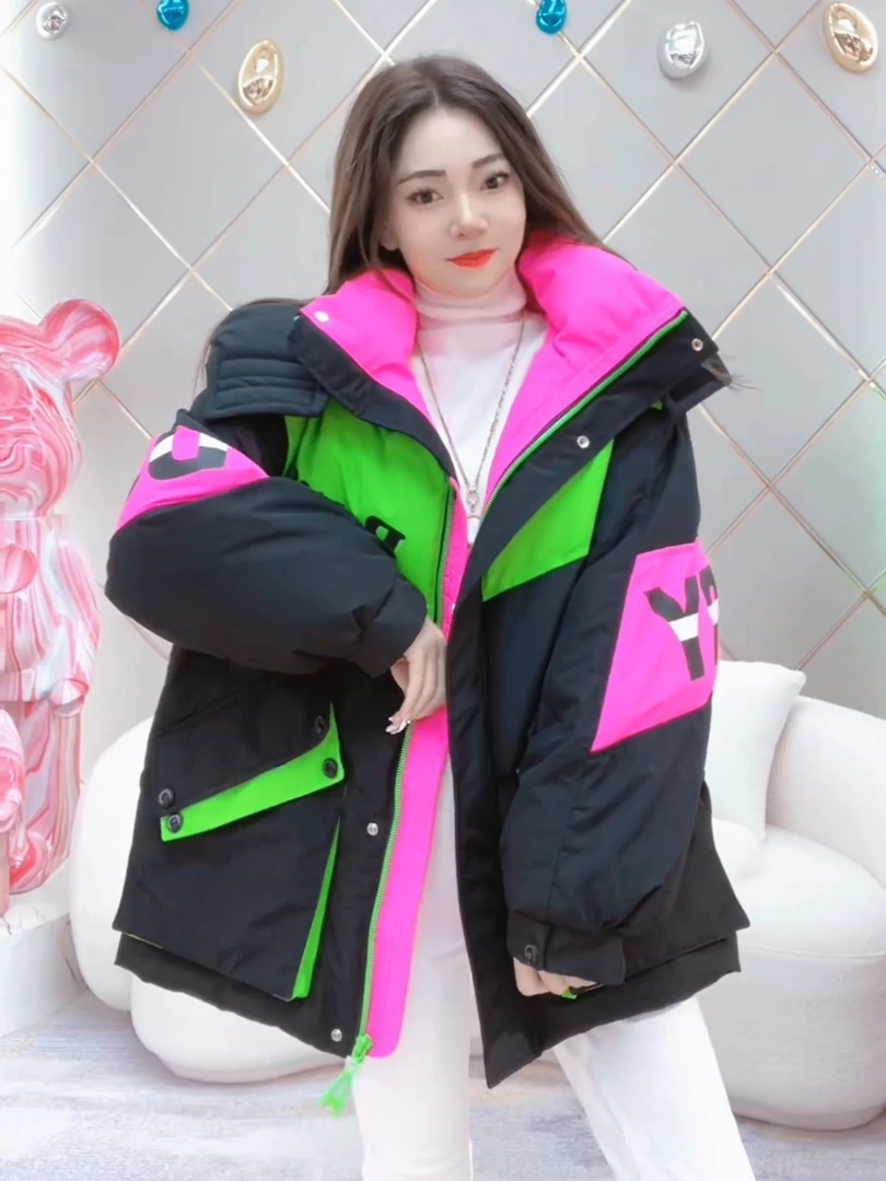 【心如火】冬时尚休闲潮牌百搭拼接字母印花保暖白鸭绒短款羽绒服