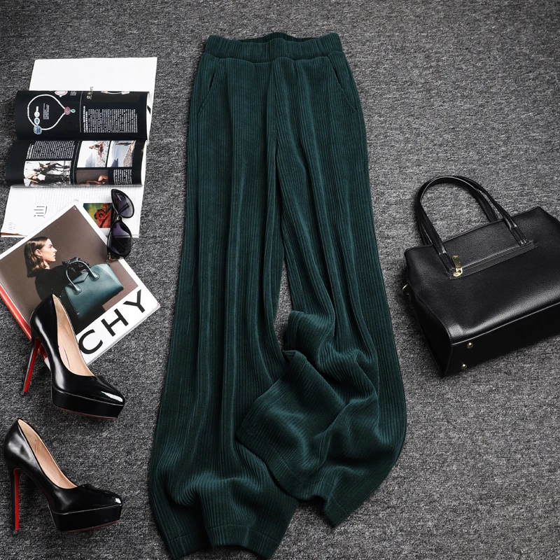 女款气质服装条纹灯芯绒墨绿色阔腿裤女冬季新款垂感直筒休闲裤女