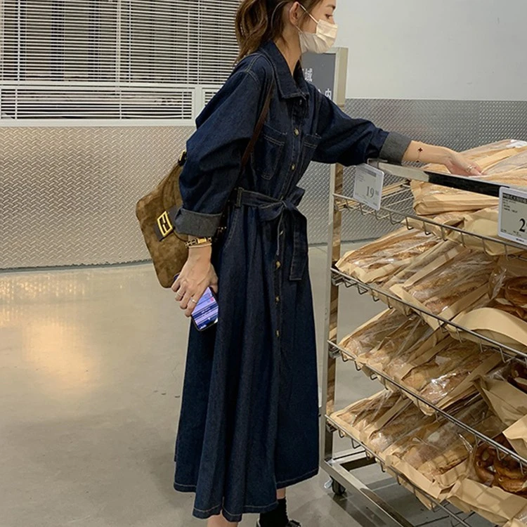 牛仔连衣裙裙子女早春秋时髦新款中长款收腰法式甜美可爱风格衣服
