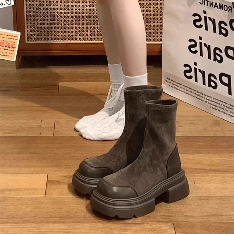 他程百丽复古英伦风马丁靴女2023秋季新款保暖百搭厚底粗跟短靴弹