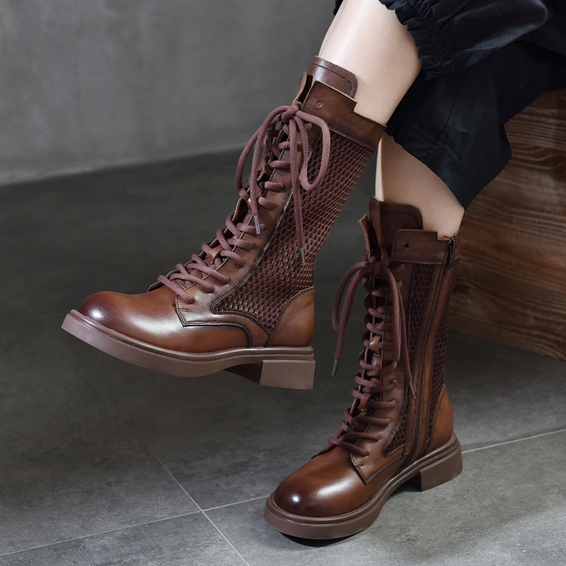 夏季休闲中筒靴女薄款真皮网纱透气高靴百搭凉靴瘦腿网靴马丁靴女