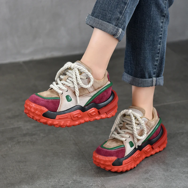 2025春季新款真皮运动休闲女鞋厚底轻底拼色老爹鞋低帮加绒棉鞋女