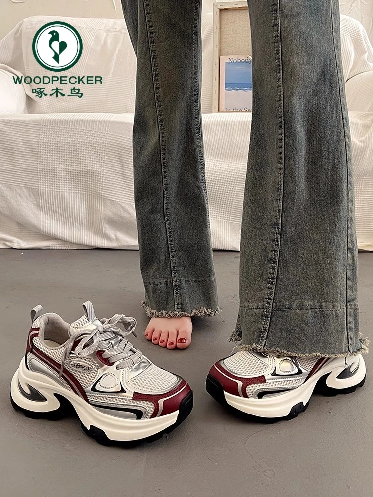 啄木鸟百搭厚底老爹鞋女春秋小个子增高2024年新款炸街运动休闲鞋