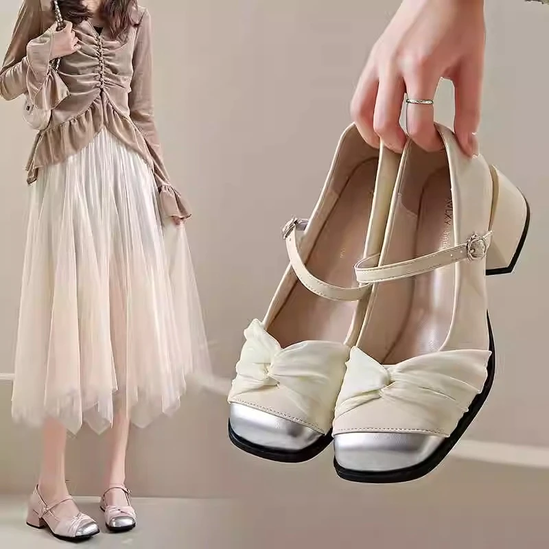 啄木鸟2024秋季女鞋小香风浅口单鞋中跟高跟鞋百搭玛丽珍小皮鞋女