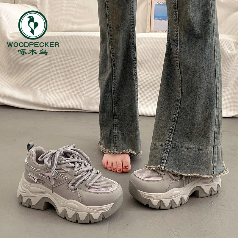 啄木鸟显脚小百搭厚底松糕老爹鞋女秋冬增高2024新欧货黑色运动鞋