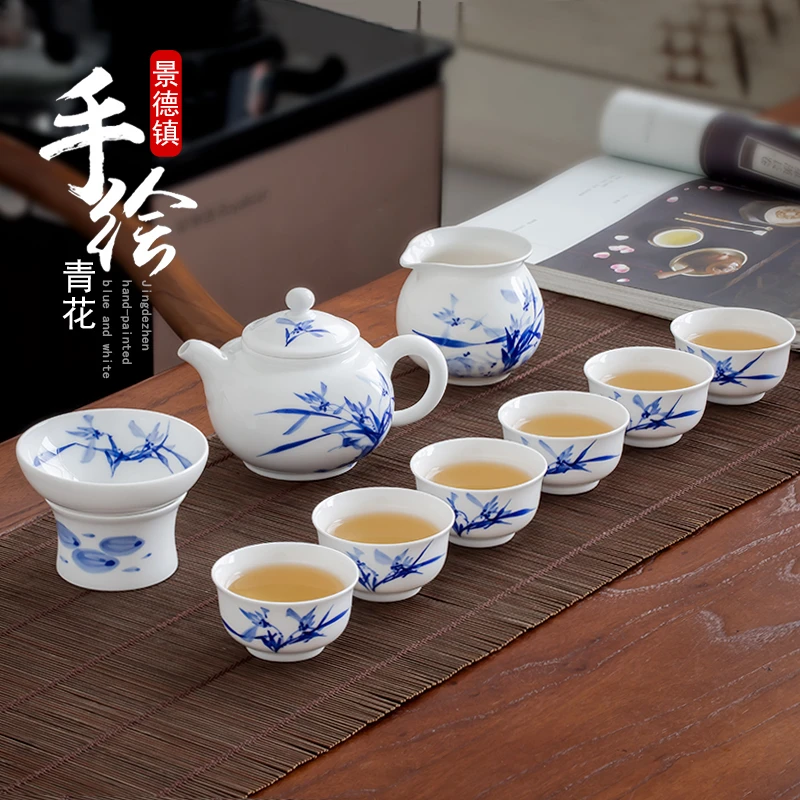 景德镇手绘青花瓷功夫小茶具泡茶套装家用中式陶瓷茶壶茶杯6只装