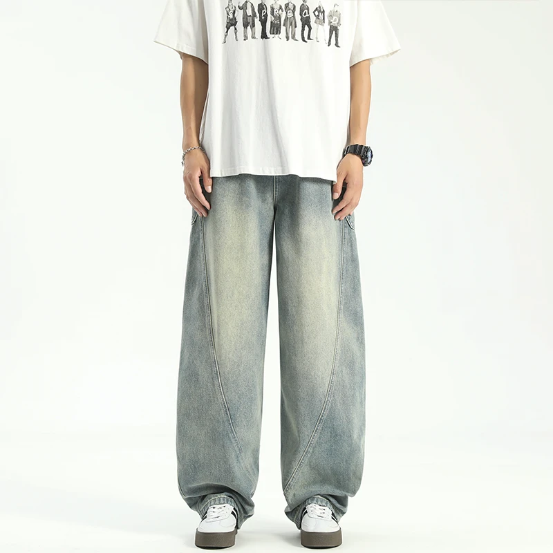 解构弯刀裤小众设计感做旧水洗牛仔裤秋冬款美式休闲阔腿裤拖地裤