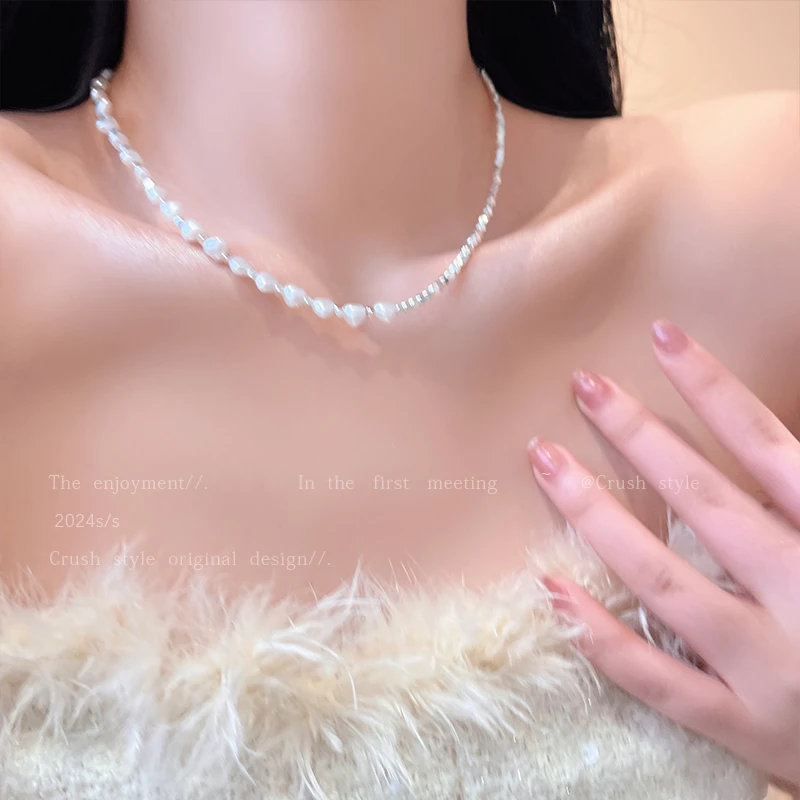 铜合金亚克力项链 碎银爱心拼接锁骨链女款轻奢小众设计感潮配饰