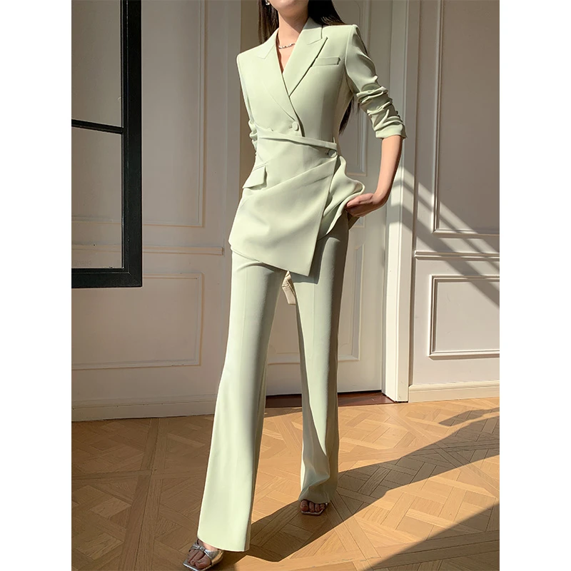【高端轻奢】2024春秋季新款小众大牌通勤西服浅绿色休闲西装套装女