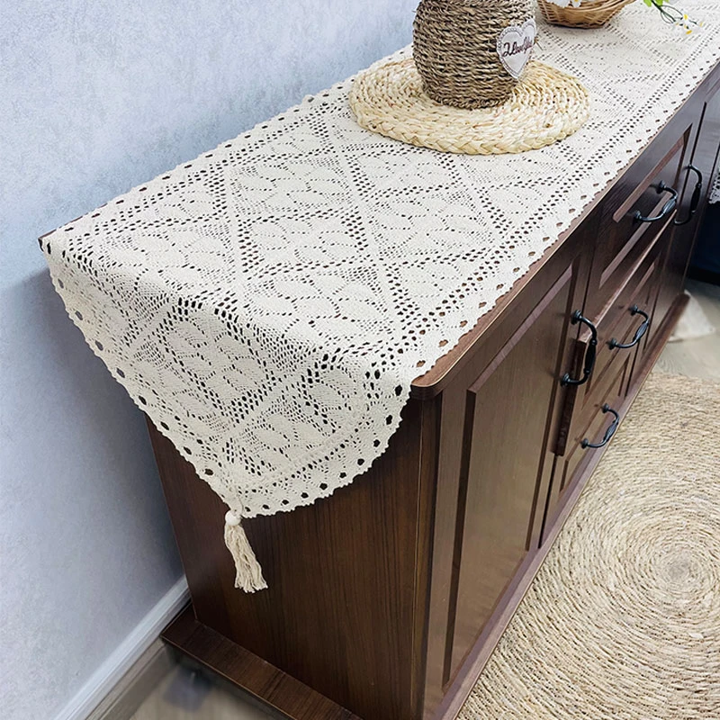 293-3米色复古桌旗棉线钩织桌旗电视柜五斗柜盖巾