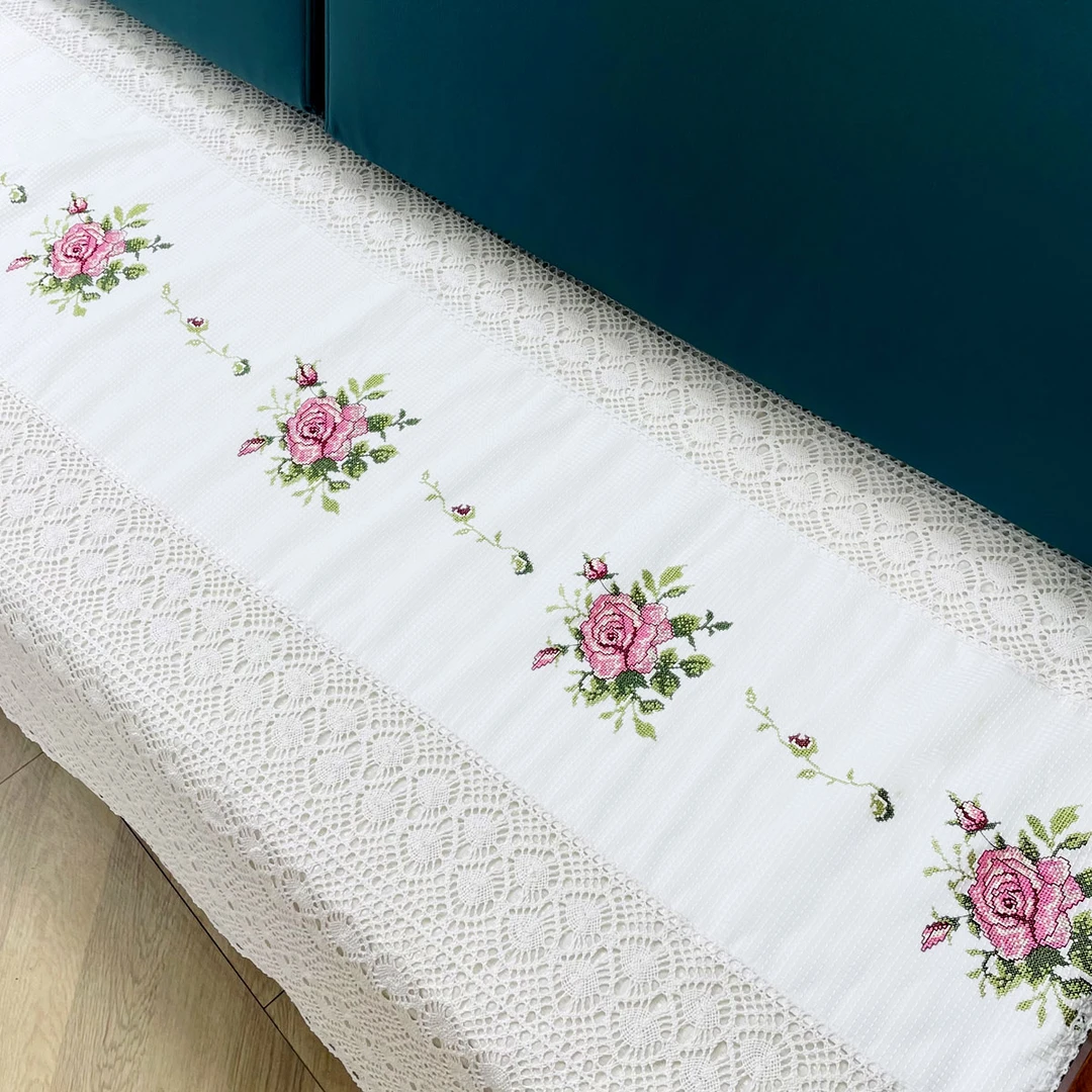 2465白色【中式长方形沙发垫】四层夹棉防滑刺绣棉线钩花盖布沙发垫