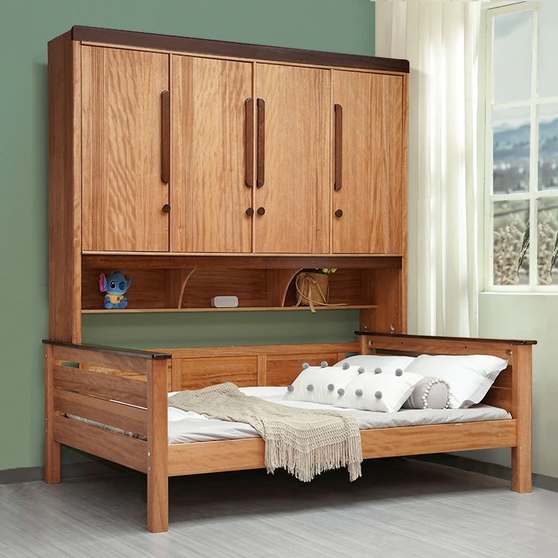 衣柜床 红檀木 加高衣柜书架一体床美式儿童房高箱