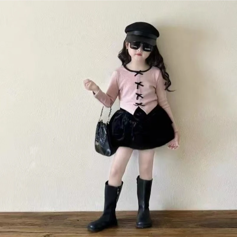 韩版女童2025新春秋款香风上衣蝴蝶结打底针织衫爆款