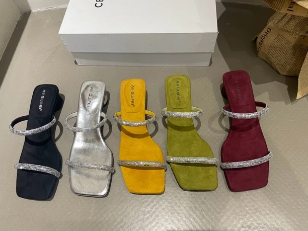 新款网红风一字带亮钻粗跟凉拖A88-6