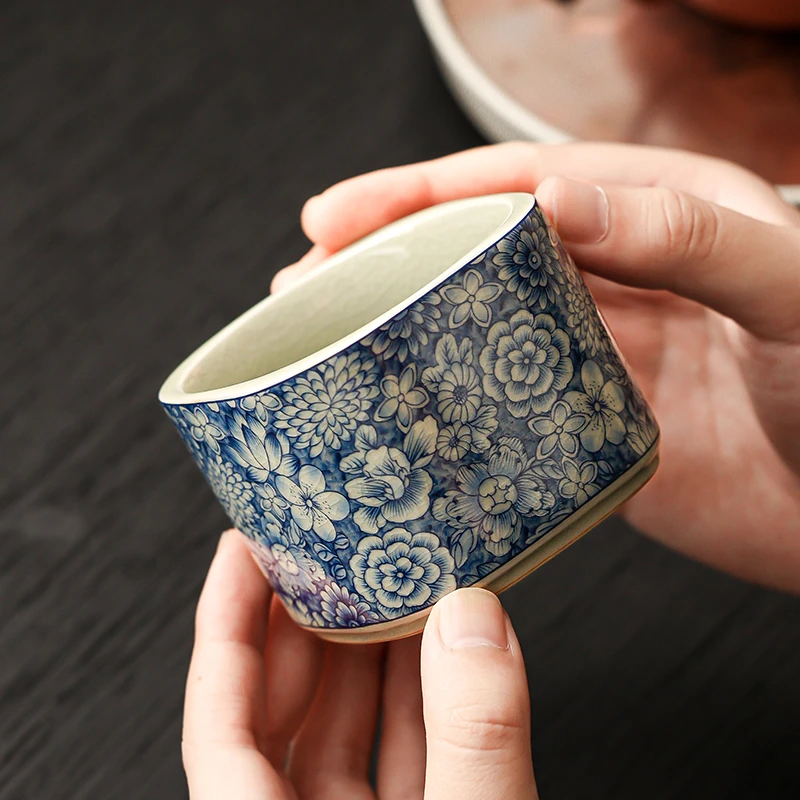 老陶泥青花茶杯个人专用主人杯单杯高档功夫茶器陶瓷珐琅彩品茗杯