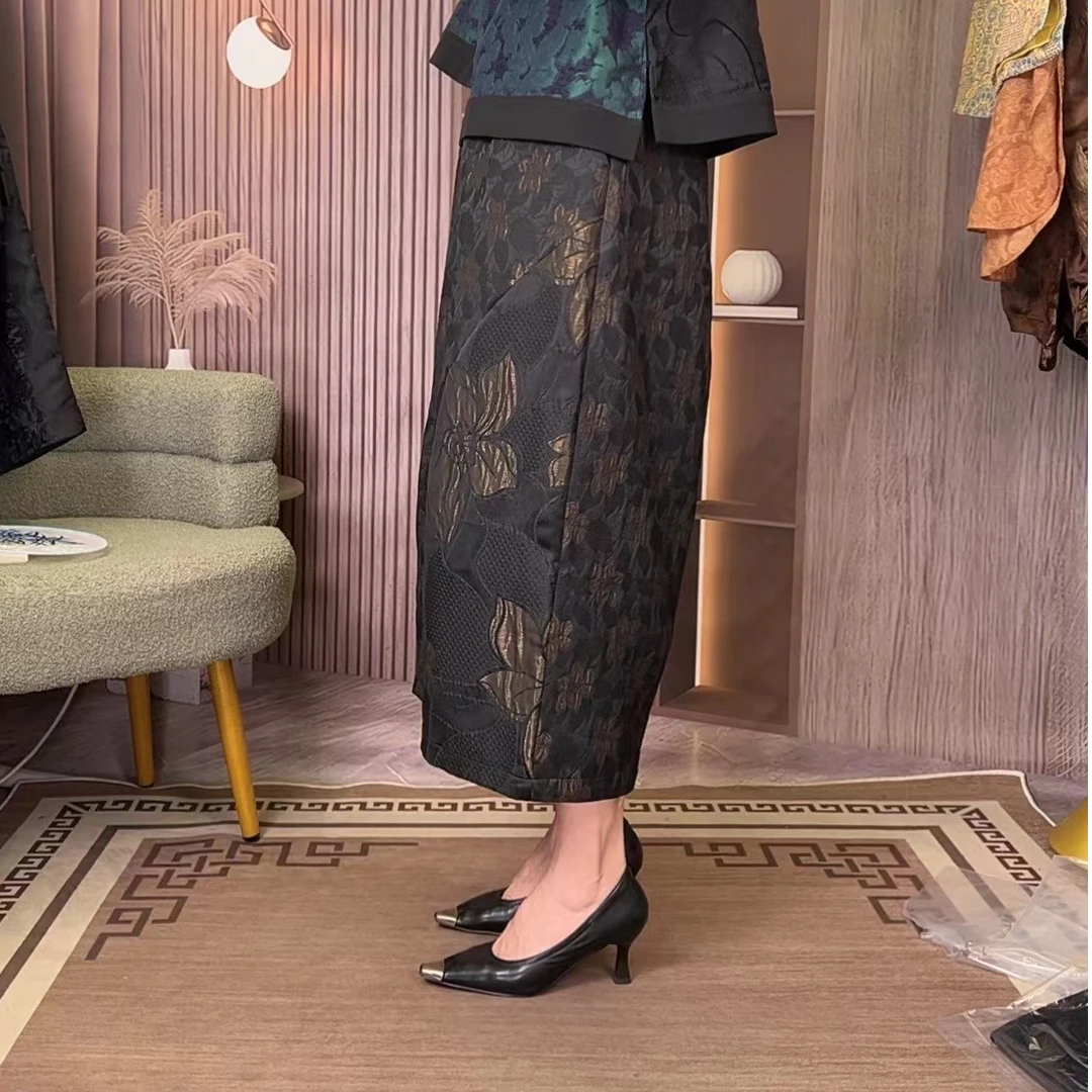 新款提花刺绣拼接时尚百搭宽松黑金花女裤中式阔腿裤中长款印花